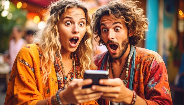 Surprised couple expressing excitement while looking at a smartphone in a vibrant outdoor setting with a bohemian atmosphere - Powered by Adobe