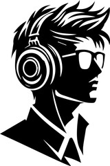 SVG Guy in headphones black and white vector, file for printing, cutting