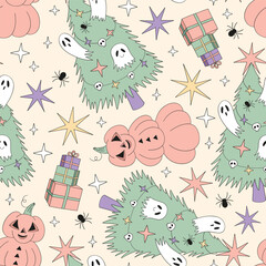 Retro Groovy Pumpkin Snowmen, Christmas Tree with Sheet Ghosts, and Holiday Presents Halloween Christmas mix vector Seamless Pattern. Great for alternative festive wrapping paper, quirky seasonal