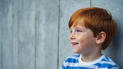 A young boy with distinctive freckles on his face leans against a wall, looking down