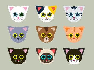 Set of 9 colorful cat face icons in various breeds and expressions. Cute minimalist cartoon style, perfect for stickers, kids' products, and pet-themed designs