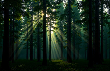 Sunlight Penetrating Forest Morning Scene