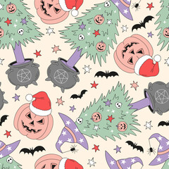 Spooky Retro Christmas vector seamless Pattern with Pumpkin Jack-o-Lanterns in Santa hat, Witchy Trees in Cauldrons with Pentagrams. A perfect blend of Halloween and Christmas vibes for holiday