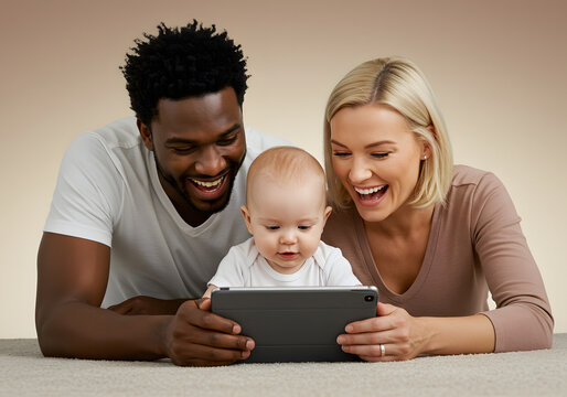 Happy interracial family enjoys screen time with their baby on a tablet. - Powered by Adobe