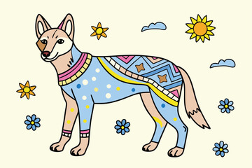 A playful cartoon gray wolf stands by a pond among flowers, sun, and clouds