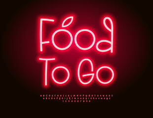 Vector Glowing Promo Food To Go. Neon Red Font. Trendy Led Light Playful Alphabet Letters and Numbers set.