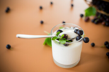 Healthy fermented milk product with berries and spoon on brown background