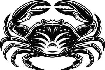 Black crab exhibits intricate markings on its carapace and formidable pincers, rendered in monochrome
