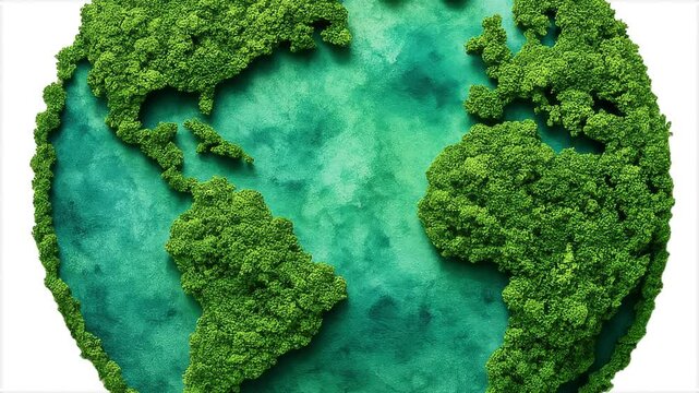 Green World Map- Earth day video tree or forest shape of world map isolated on white background. Earth Day or Environment day Concept. Green earth with electric car. Paris agreement concept.