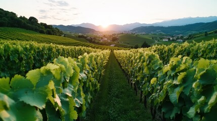 A stunning panoramic view of lush vineyard rows stretching towards the horizon, illuminated by the warm glow of the sunset, promising a fruitful harvest and tranquil beauty.