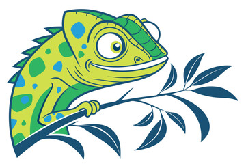 Cartoonish chameleon rests upon a leafy branch, its colorful skin creating a playful scene