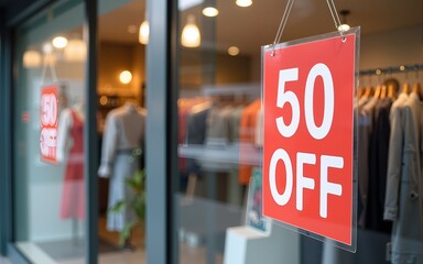 Retail women clothing store exterior with 50 off sale sign on glass window door. Special discount price offer, summer promo, halved cost advertising, marketing concept. High quality