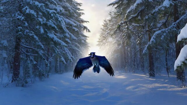 Beautiful blue jay flying through a snow-covered forest in winter sunlight