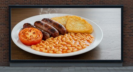 Mouthwatering Full English Breakfast Featured on a Vibrant Outdoor Billboard Advertisement, Tempting Passersby with its Delicious Appeal.