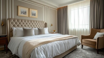 Interior of a hotel bedroom with a double bed. Travel and vacation accomodation.