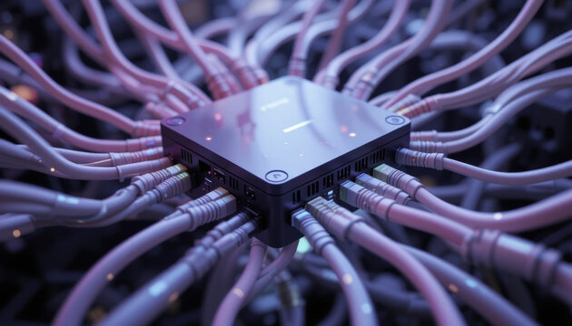 network hub is surrounded by numerous connected cables, creating complex web of technology. scene is illuminated with soft purple glow, highlighting intricate connections and modern design - Powered by Adobe