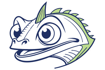 Cartoonish reptile head featuring white skin, green accents, and bold blue outlines is vividly portrayed