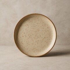A close-up shot of a beige-colored, speckled ceramic plate. The plate is round in shape, with a slightly raised edge. The image shows a minimalist aesthetic that is both elegant and understated