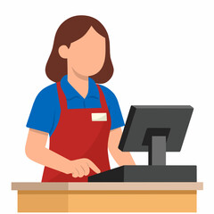 Young woman cashier, in front of cashier machine flat vector illustration.