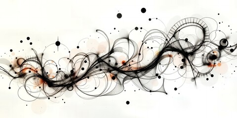 Abstract black swirls and circles on a white background with red and orange accents