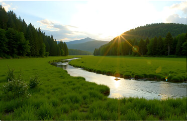 Sunset Beauty of Grassland River