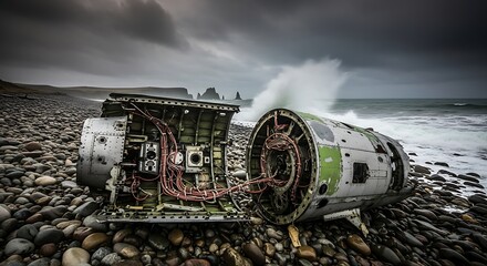 Abandoned Aircraft Fuselage on Desolate Rocky Shore with Crashing Waves