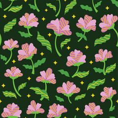 Vector seamless pattern with abstract pink flowers and green leaves on dark background. Ideal for textile, packaging, or decorative surface design.