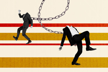 Composite poster image art collage of anonym business people men headless stand chain trap...