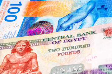 100 Swiss frank and 200 Egyptian pound banknotes. International trade concept