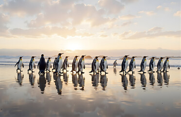 Penguin Group Wandering on the Beach