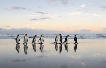 King Penguins on the Beach at Dusk