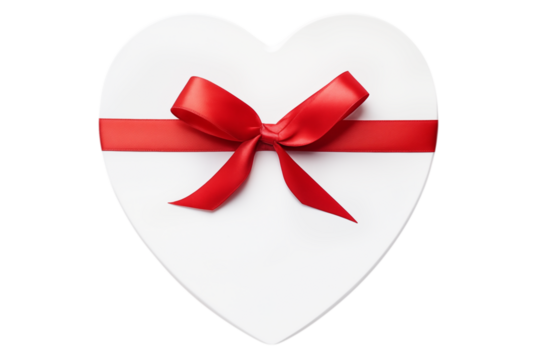 Heart-shaped gift box with red bow, top view, isolated on transparent background. - Powered by Adobe