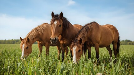 Three Brown Horses Grazing in a Green Pasture