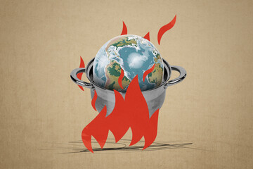 Composite zine pop trend collage of kitchenware pot fire burn heat globe map high temperature...