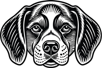 Black and white illustration presents a stoic dog face with unique linear line work