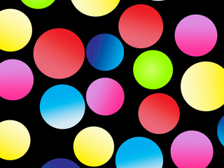 The black background is full of bright colorful circles in various sizes and color gradients, creating a dynamic abstract pattern.