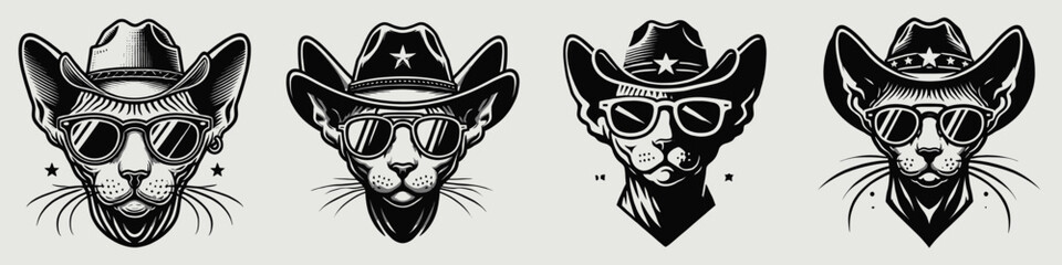 Sphynx Cat. Cowboy Western American Cartoon Animal Clipart Line Art Vector Illustration. Hairless feline breed naked kitty type domestic pet care and adoption guide.