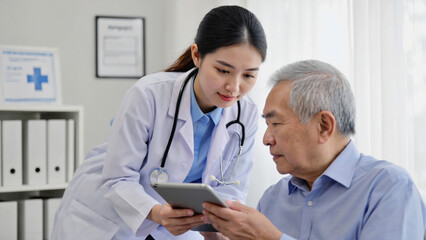 Two doctors reviewing medical information on a tablet