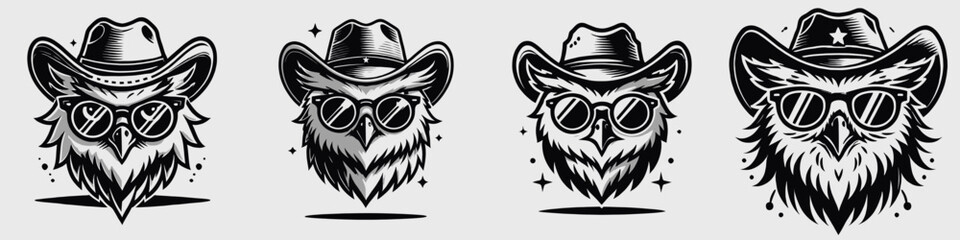 Owl. Cowboy Western American Cartoon Animal Clipart Line Art Vector Illustration. Nocturnal bird observe a hunting raptor avian creature predator of the night.