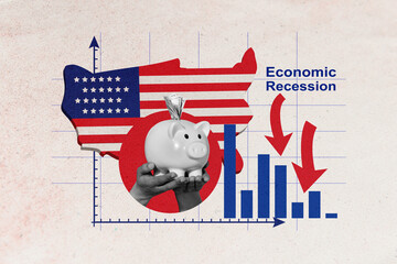 Sketch image trend artwork montage photo collage of hand hold pig box economic recrssion tariffs...