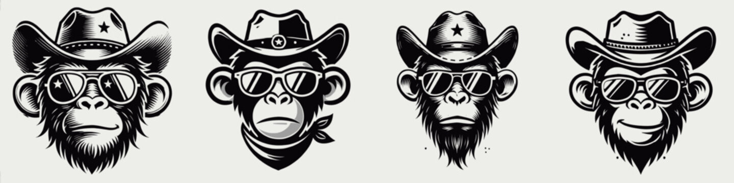 Monkey. Cowboy Western American Cartoon Animal Clipart Line Art Vector Illustration. Primate creature behavior info study jungle ape type wild mammal guide.