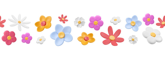 Obraz premium Border with summer flower buds. 3d bloom elements seamless pattern. Meadow background with plasticine shapes. Isolated vector illustration. Bright plants in plastic style.