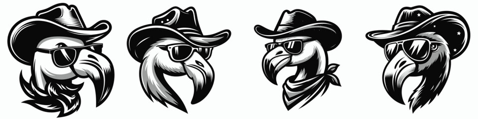 Flamingo. Cowboy Western American Cartoon Animal Clipart Line Art Vector Illustration. Exotic bird a beautiful water creature with vibrant pink feathers and long legs.