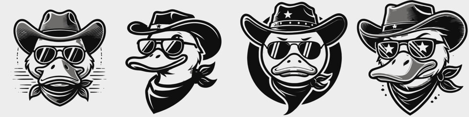 Fototapeta premium Duck. Cowboy Western American Cartoon Animal Clipart Line Art Vector Illustration. Waterfowl a bird that swims in water often seen park or farm pond.