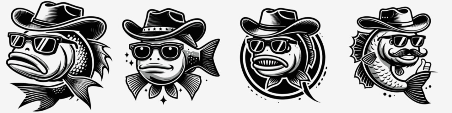 fish. Cowboy Western American Cartoon Animal Clipart Line Art Vector Illustration. Aquatic creature ocean life angling piscatorial pursuit freshwater.