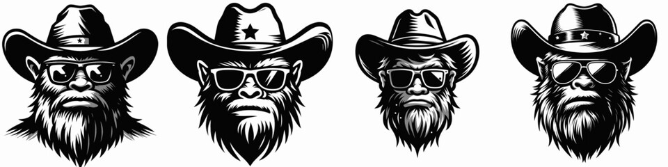 Bigfoot. Cowboy Western American Cartoon Animal Clipart Line Art Vector Illustration. Hairy hominid cryptid legend primal woodlands being mysterious primate creature.