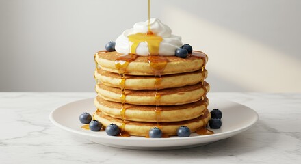 Golden Syrup Drizzles Delightfully Over a Stack of Fluffy Pancakes Topped with Whipped Cream and Blueberries, a Picture of Breakfast Perfection.