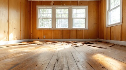 A bare room filled with natural light, showcasing unfinished wooden floors and removed materials, symbolizing potential and the start of a new interior design journey.
