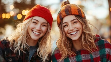 Fototapeta premium Two cheerful friends smile broadly while dressed in cozy winter hats and scarves, embodying warmth, joy, and the spirit of friendship during the festive season.