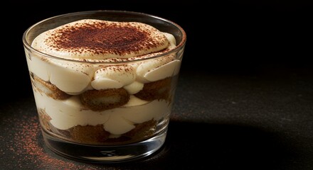 Indulge in the Decadent Layers of this Exquisite Tiramisu, Perfectly Presented in a Crystal Glass Against a Dark Background.